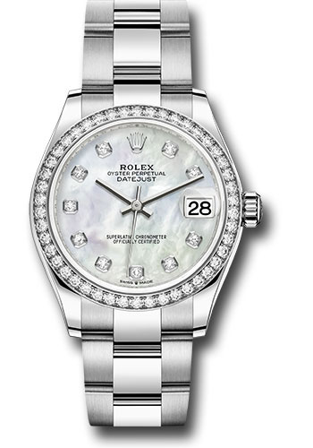 Rolex Steel and White Gold Datejust 31 Watch - Diamond Bezel - White Mother-Of-Pearl Diamond Dial - Oyster Bracelet
