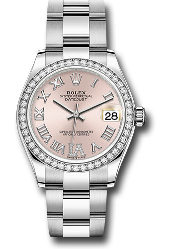 Rolex Steel and White Gold Datejust 31 Watch - Diamond Bezel - Pink Roman Diamond 6 Dial - Oyster Bracelet