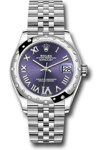 Rolex Steel and White Gold Datejust 31 Watch - Domed 24 Diamond Bezel - Aubergine Roman Diamond 6 Dial - Jubilee Bracelet