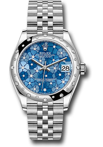 Rolex White Rolesor Datejust 31 Watch - Domed, Diamond Bezel - Azzurro Blue Floral Motif Diamond Dial - Jubilee Bracelet
