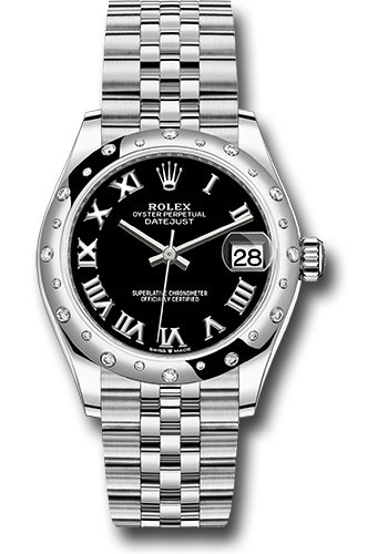 Rolex Steel and White Gold Datejust 31 Watch - Domed 24 Diamond Bezel - Black Roman Dial - Jubilee Bracelet