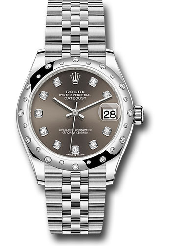 Rolex Steel and White Gold Datejust 31 Watch - Domed 24 Diamond Bezel - Dark Grey Diamond Dial - Jubilee Bracelet