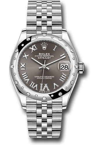 Rolex Steel and White Gold Datejust 31 Watch - Domed 24 Diamond Bezel - Dark Grey Roman Diamond 6 Dial - Jubilee Bracelet