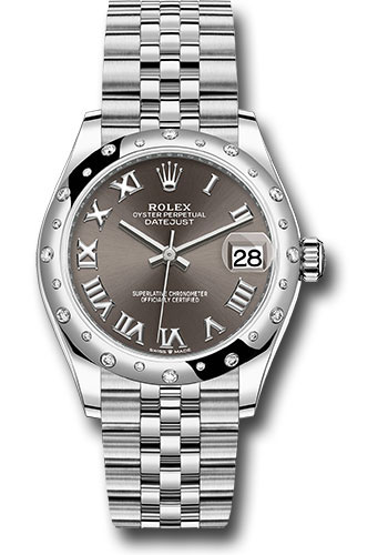 Rolex Steel and White Gold Datejust 31 Watch - Domed 24 Diamond Bezel - Dark Grey Roman Dial - Jubilee Bracelet