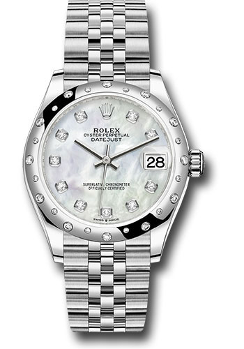 Rolex Steel and White Gold Datejust 31 Watch - Domed 24 Diamond Bezel - White Mother-Of-Pearl Diamond Dial - Jubilee Bracelet