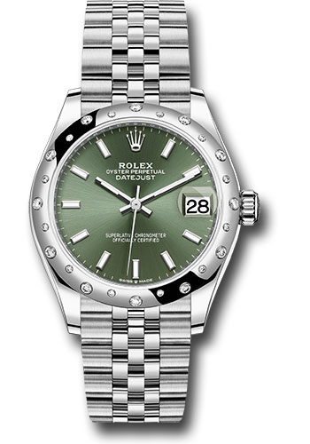 Rolex Steel and White Gold Datejust 31 Watch - Domed 24 Diamond Bezel - Mint Green Index Dial - Jubilee Bracelet