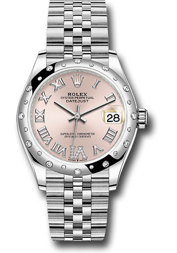 Rolex Steel and White Gold Datejust 31 Watch - Domed 24 Diamond Bezel - Pink Roman Diamond 6 Dial - Jubilee Bracelet