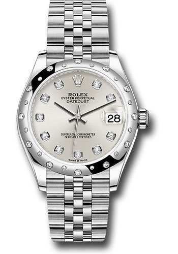 Rolex Steel and White Gold Datejust 31 Watch - Domed 24 Diamond Bezel - Silver Diamond Dial - Jubilee Bracelet