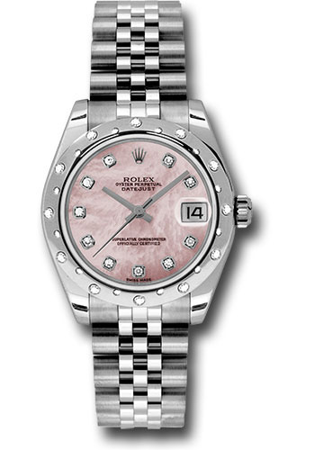 Rolex Steel and White Gold Datejust 31 Watch - 24 Diamond Bezel - Pink Mother-Of-Pearl Diamond Dial - Jubilee Bracelet