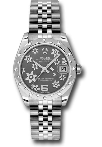 Rolex Steel and White Gold Datejust 31 Watch - 24 Diamond Bezel - Dark Rhodium Floral Motif Dial - Jubilee Bracelet