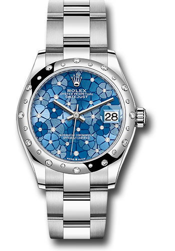 Rolex White Rolesor Datejust 31 Watch - Domed, Diamond Bezel - Azzurro Blue Floral Motif Diamond Dial - Oyster Bracelet