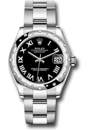 Rolex Steel and White Gold Datejust 31 Watch - Domed 24 Diamond Bezel - Black Roman Dial - Oyster Bracelet