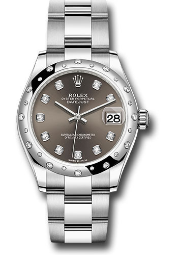 Rolex Steel and White Gold Datejust 31 Watch - Domed 24 Diamond Bezel - Dark Grey Diamond Dial - Oyster Bracelet