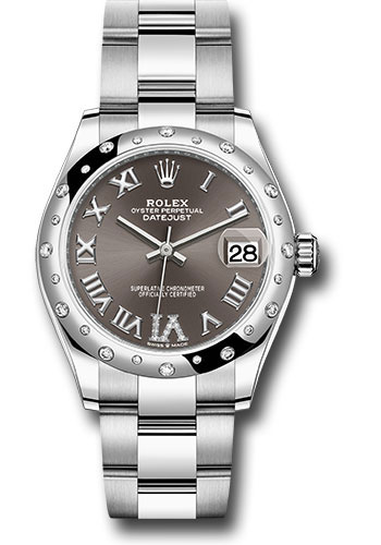 Rolex Steel and White Gold Datejust 31 Watch - Domed 24 Diamond Bezel - Dark Grey Roman Diamond 6 Dial - Oyster Bracelet