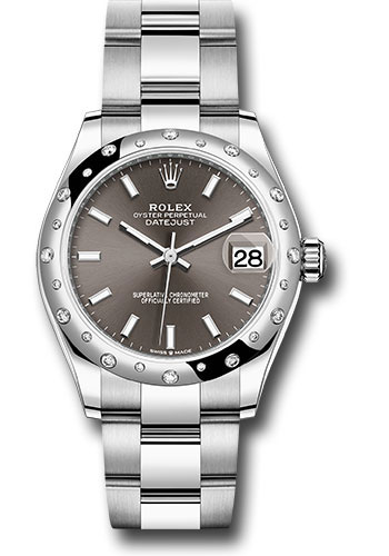 Rolex Steel and White Gold Datejust 31 Watch - Domed 24 Diamond Bezel - Dark Grey Index Dial - Oyster Bracelet