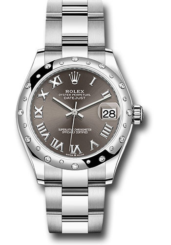 Rolex Steel and White Gold Datejust 31 Watch - Domed 24 Diamond Bezel - Dark Grey Roman Dial - Oyster Bracelet