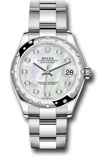 Rolex Steel and White Gold Datejust 31 Watch - Domed 24 Diamond Bezel - White Mother-Of-Pearl Diamond Dial - Oyster Bracelet