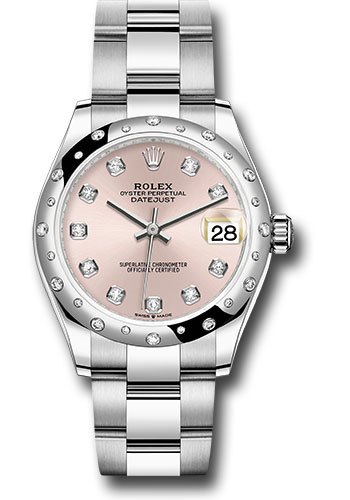 Rolex Steel and White Gold Datejust 31 Watch - Domed 24 Diamond Bezel - Pink Diamond Dial - Oyster Bracelet