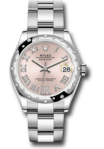 Rolex Steel and White Gold Datejust 31 Watch - Domed 24 Diamond Bezel - Pink Roman Diamond 6 Dial - Oyster Bracelet