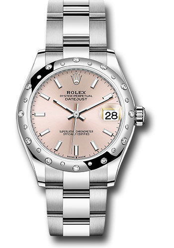Rolex Steel and White Gold Datejust 31 Watch - Domed 24 Diamond Bezel - Pink Index Dial - Oyster Bracelet