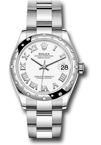 Rolex Steel and White Gold Datejust 31 Watch - Domed 24 Diamond Bezel - White Roman Dial - Oyster Bracelet