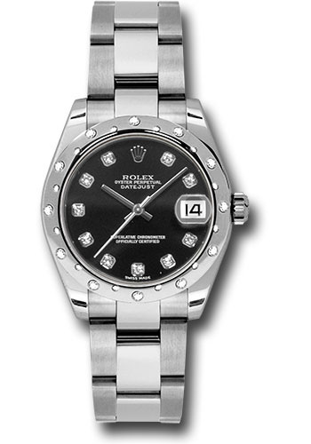 Rolex Steel and White Gold Datejust 31 Watch - 24 Diamond Bezel - Black Diamond Dial - Oyster Bracelet