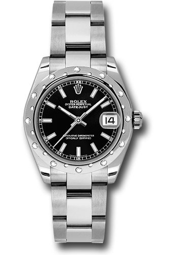 Rolex Steel and White Gold Datejust 31 Watch - 24 Diamond Bezel - Black Index Dial - Oyster Bracelet'r0