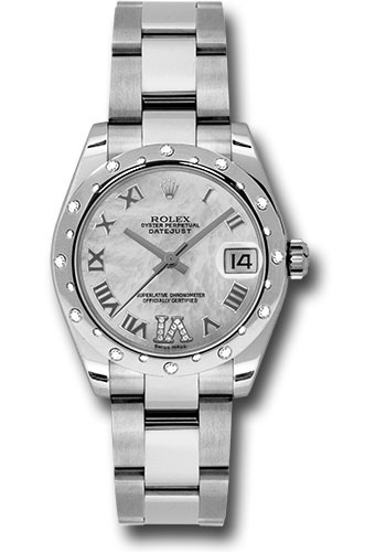 Rolex Steel and White Gold Datejust 31 Watch - 24 Diamond Bezel - Mother-Of-Pearl Diamond Roman Vi Roman Dial - Oyster Bracelet