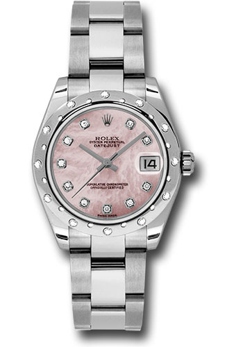 Rolex Steel and White Gold Datejust 31 Watch - 24 Diamond Bezel - Pink Mother-Of-Pearl Diamond Dial - Oyster Bracelet