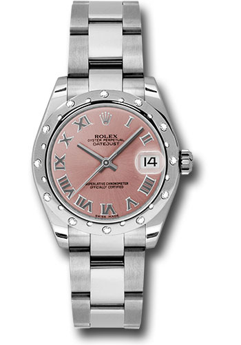 Rolex Steel and White Gold Datejust 31 Watch - 24 Diamond Bezel - Pink Roman Dial - Oyster Bracelet