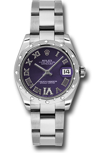 Rolex Steel and White Gold Datejust 31 Watch - 24 Diamond Bezel - Purple Diamond Roman Vi Roman Dial - Oyster Bracelet