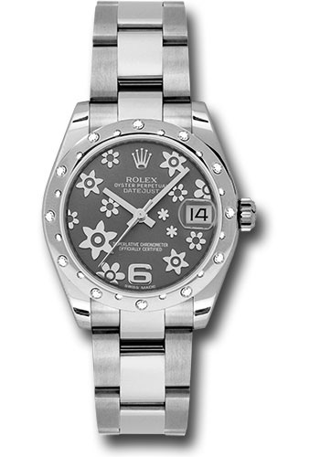Rolex Steel and White Gold Datejust 31 Watch - 24 Diamond Bezel - Dark Rhodium Floral Motif Dial - Oyster Bracelet