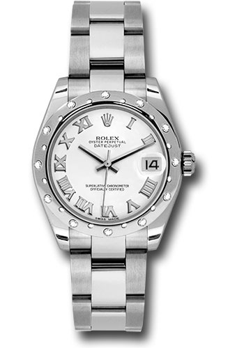 Rolex Steel and White Gold Datejust 31 Watch - 24 Diamond Bezel - White Roman Dial - Oyster Bracelet