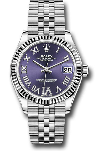 Rolex Steel and White Gold Datejust 31 Watch - Fluted Bezel - Aubergine Roman Diamond 6 Dial - Jubilee Bracelet