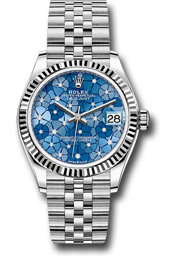 Rolex White Rolesor Datejust 31 Watch - Fluted Bezel - Azzurro Blue Floral Motif Diamond Dial - Jubilee Bracelet
