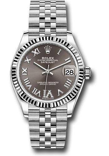 Rolex Steel and White Gold Datejust 31 Watch - Fluted Bezel - Dark Grey Roman Diamond 6 Dial - Jubilee Bracelet