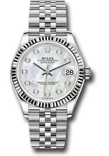 Rolex Steel and White Gold Datejust 31 Watch - Fluted Bezel - White Mother-Of-Pearl Diamond Dial - Jubilee Bracelet