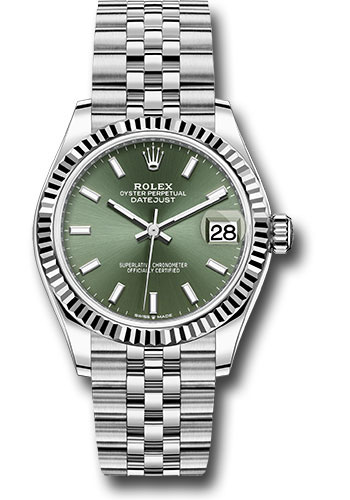 Rolex Steel and White Gold Datejust 31 Watch - Fluted Bezel - Mint Green Index Dial - Jubilee Bracelet