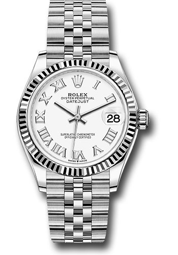 Rolex Steel and White Gold Datejust 31 Watch - Fluted Bezel - White Roman Dial - Jubilee Bracelet