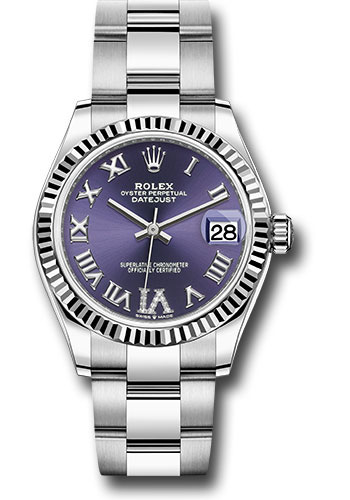 Rolex Steel and White Gold Datejust 31 Watch - Fluted Bezel - Aubergine Roman Diamond 6 Dial - Oyster Bracelet