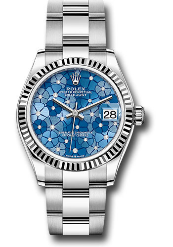 Rolex White Rolesor Datejust 31 Watch - Fluted Bezel - Azzurro Blue Floral Motif Diamond Dial - Oyster Bracelet