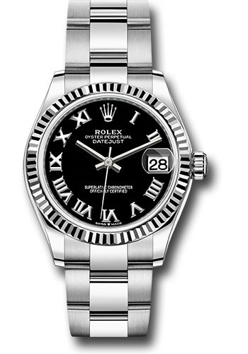 Rolex Steel and White Gold Datejust 31 Watch - Fluted Bezel - Black Roman Dial - Oyster Bracelet