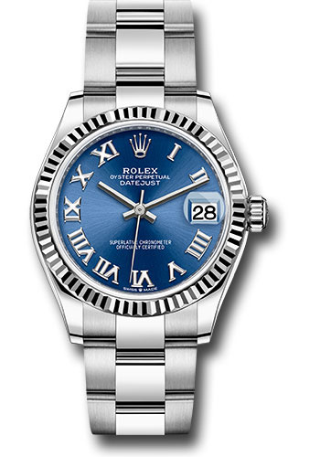 Rolex Steel and White Gold Datejust 31 Watch - Fluted Bezel - Blue Roman Dial - Oyster Bracelet