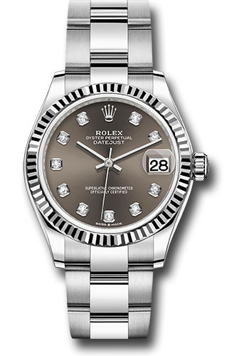 Rolex Steel and White Gold Datejust 31 Watch - Fluted Bezel - Dark Grey Diamond Dial - Oyster Bracelet