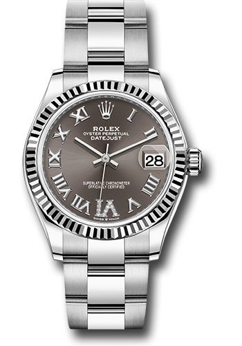 Rolex Steel and White Gold Datejust 31 Watch - Fluted Bezel - Dark Grey Roman Diamond 6 Dial - Oyster Bracelet