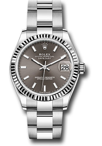 Rolex Steel and White Gold Datejust 31 Watch - Fluted Bezel - Dark Grey Index Dial - Oyster Bracelet