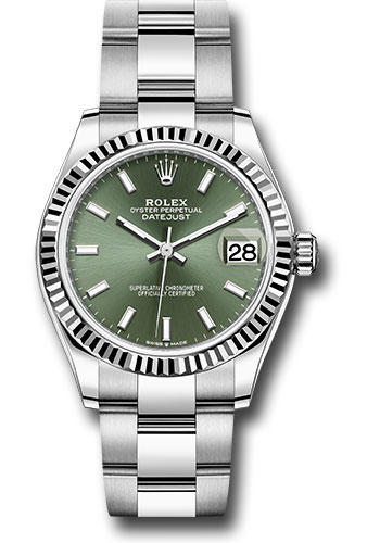 Rolex Steel and White Gold Datejust 31 Watch - Fluted Bezel - Mint Green Index Dial - Oyster Bracelet