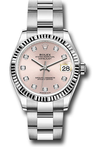 Rolex Steel and White Gold Datejust 31 Watch - Fluted Bezel - Pink Diamond Dial - Oyster Bracelet