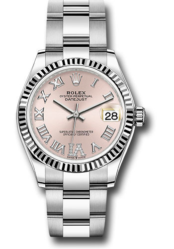 Rolex Steel and White Gold Datejust 31 Watch - Fluted Bezel - Pink Roman Diamond 6 Dial - Oyster Bracelet