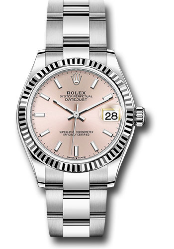 Rolex Steel and White Gold Datejust 31 Watch - Fluted Bezel - Pink Index Dial - Oyster Bracelet